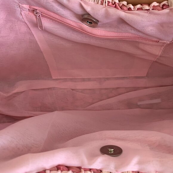 Vintage 80s 90s Wicker Straw Purse Handbag Clutch Pink Flower Wood Top Handle - Picture 7 of 11